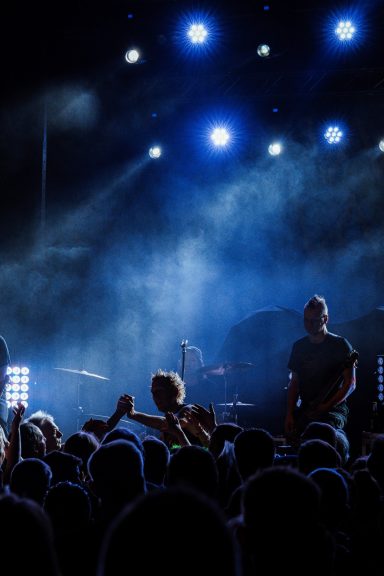 Dunkle Konzertszene mit Lichtspotlights und jubelndem Publikum.