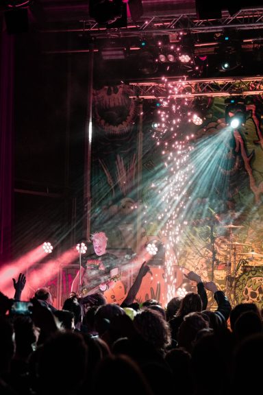 Bühne mit einem Musiker, bunten Lichtern und einem Publikum, das jubelt.