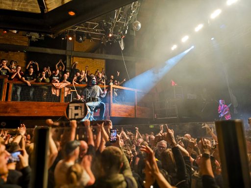 Menschenmenge bei einem Konzert, jubelnd und mit erhobenen Händen, beleuchtet von Scheinwerfern.