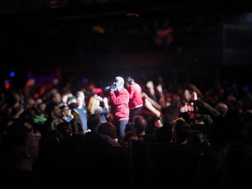 Menschenmenge mit Künstlern auf der Bühne, die für eine lebhafte Atmosphäre sorgen.